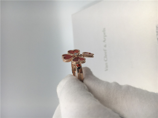 18k Rose Gold Van Cleef And Arpels Flower Ring With Carnelian / Round Diamond